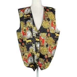 Vintage 90s Black and Yellow Clock Lion Scarf Print Satin Vest L